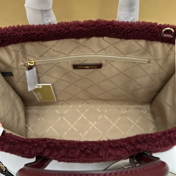 Michael Kors Medium SHEARLING MIRELLA ToteShoulder Bag Sherpa Oxblood NWT